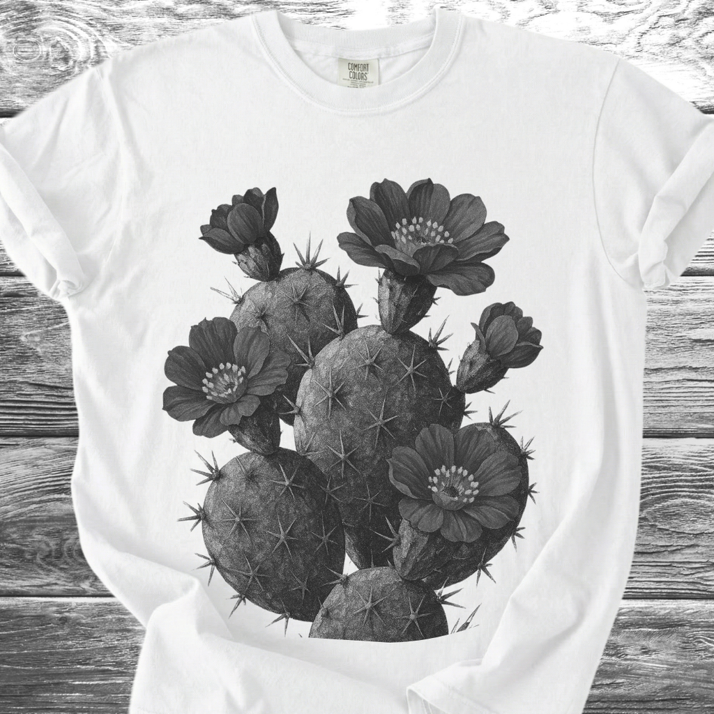 Cactus with Flowers in Black & White TShirt