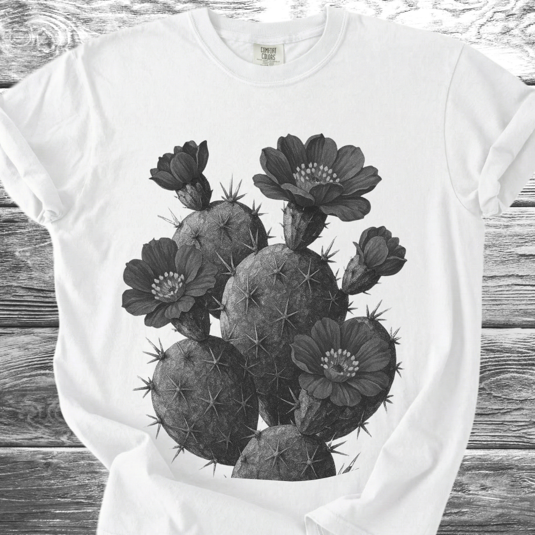 Cactus with Flowers in Black & White TShirt