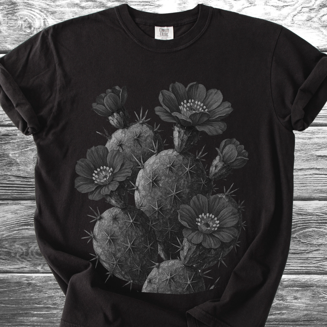 Cactus with Flowers in Black & White TShirt