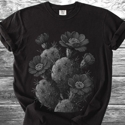 Cactus with Flowers in Black & White TShirt