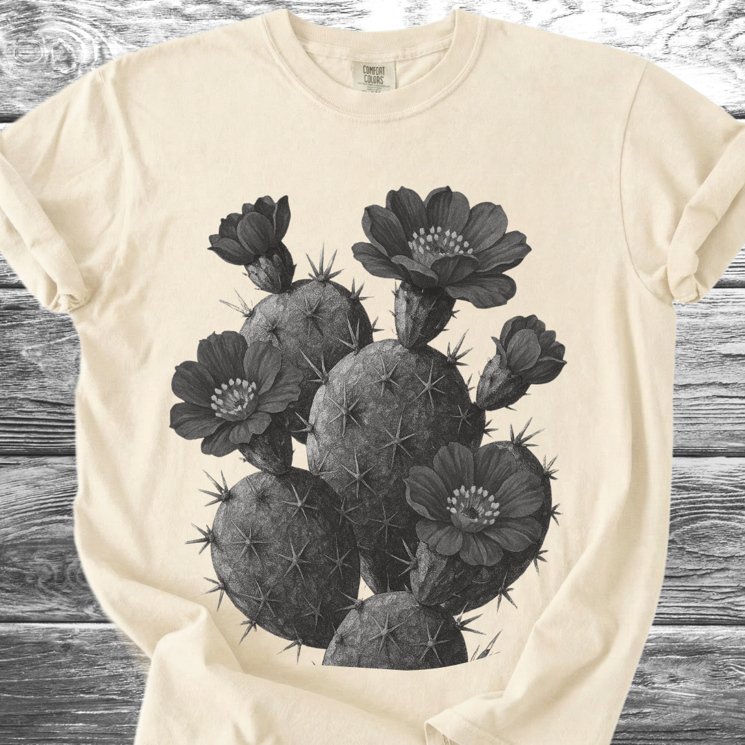 Cactus with Flowers in Black & White TShirt